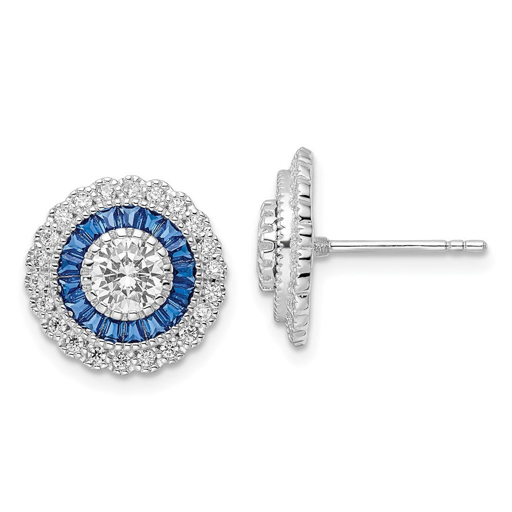 Sterling Silver Rhodium-plated Polished Blue White Cubic Zirconia Stud Earrings