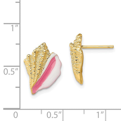 14k Yellow Gold White and Pink Enamel Conch Shell Stud Earrings