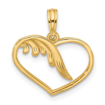 14k Yellow Gold Polished Fancy Wings and Heart Charm Pendant