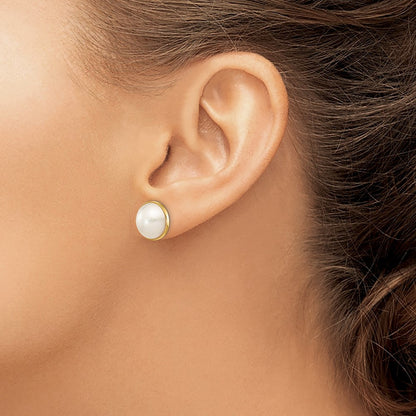 14k Yellow Gold 9-10mm White Freshwater Cultured Mabe Pearl Stud Earrings