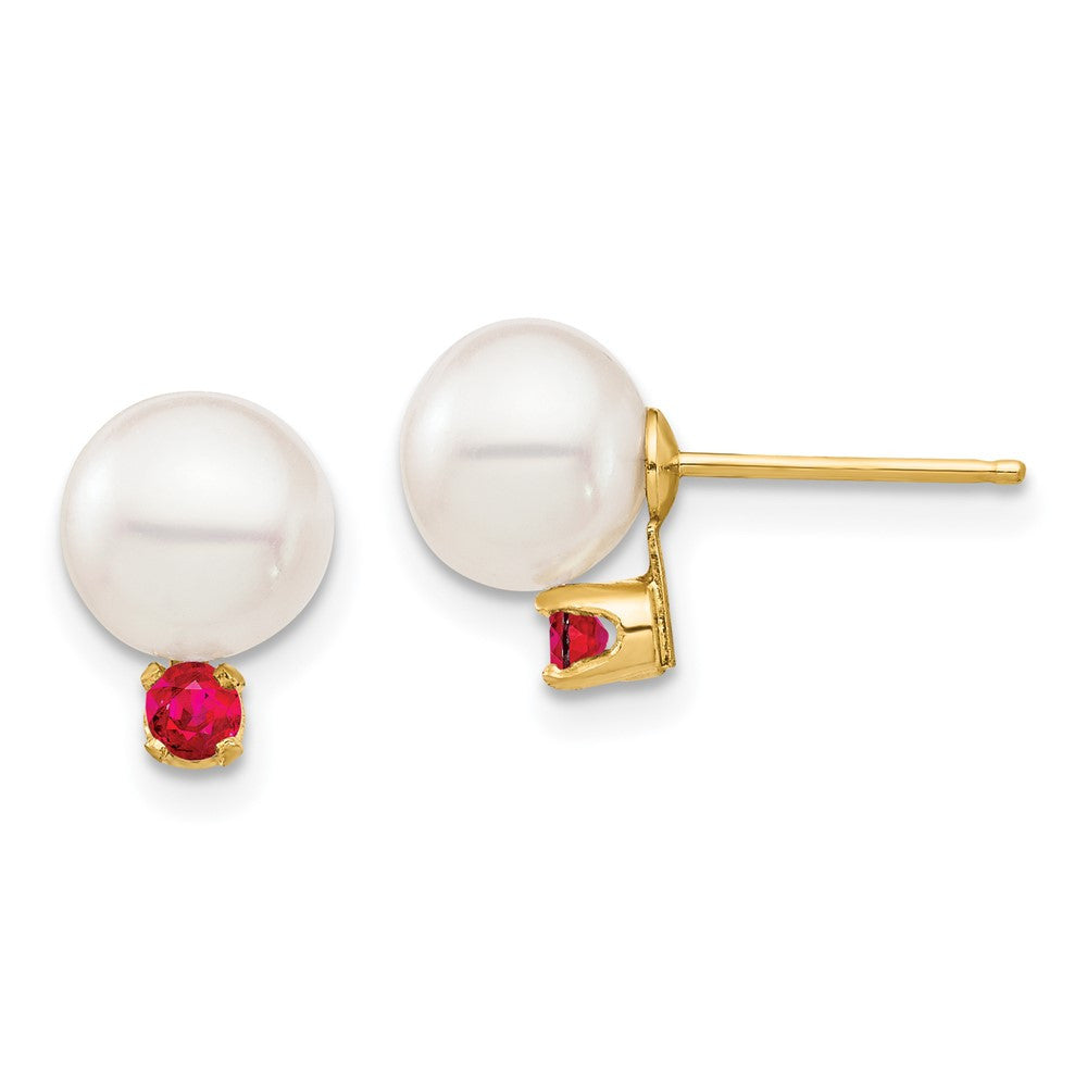 14k Yellow Gold 7-7.5mm Freshwater Cultured Pearl and .18RU Ruby Stud Earrings
