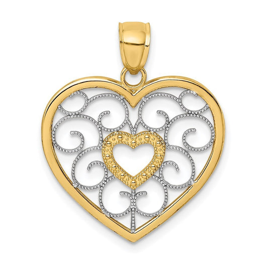 14k Yellow Gold Rhodium Filigree Heart Charm Pendant