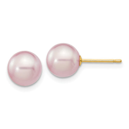 14k Yellow Gold 7-8mm Purple Round Freshwater Cultured Pearl Stud Earrings