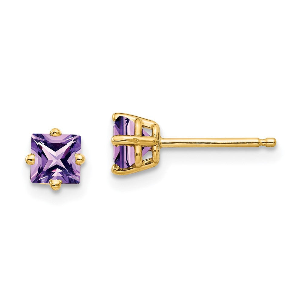 14k Yellow Gold 4mm Princess Cut Amethyst Stud Earrings