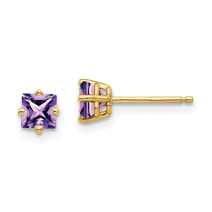 14k Yellow Gold 4mm Princess Cut Amethyst Stud Earrings