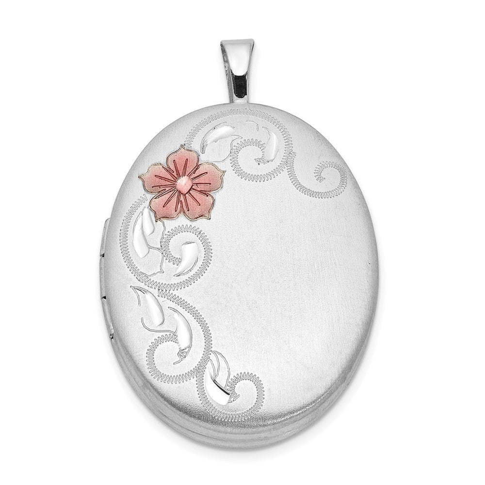 Sterling Silver 26mm Satin Enameled Flower Scroll Oval Locket Pendant