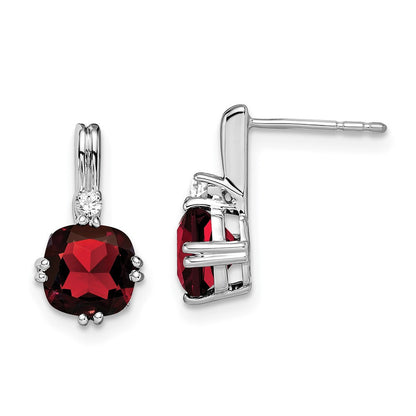 14k White Gold Cushion Garnet and Diamond Dangle Earrings