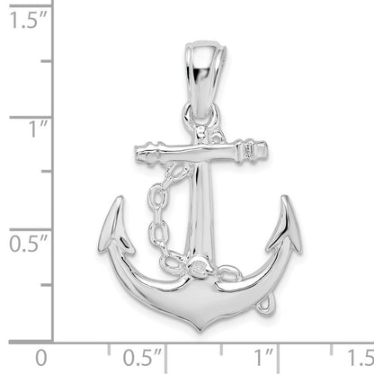 Sterling Silver Rhodium-Plated Polished 3D Anchor with Chain Pendant
