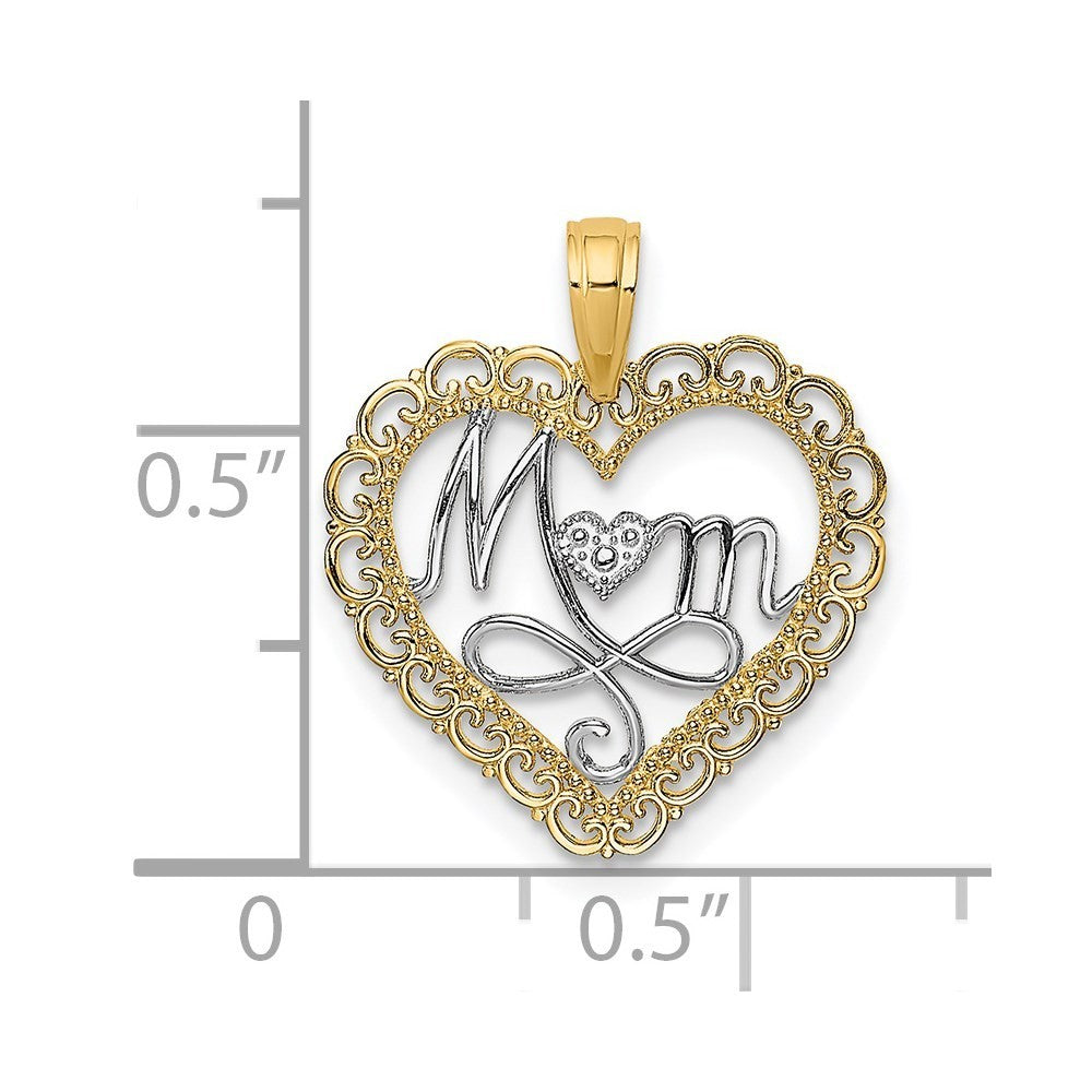 14k Yellow Gold Rhodium Cut-Out MOM In Scallop Heart Charm Pendant