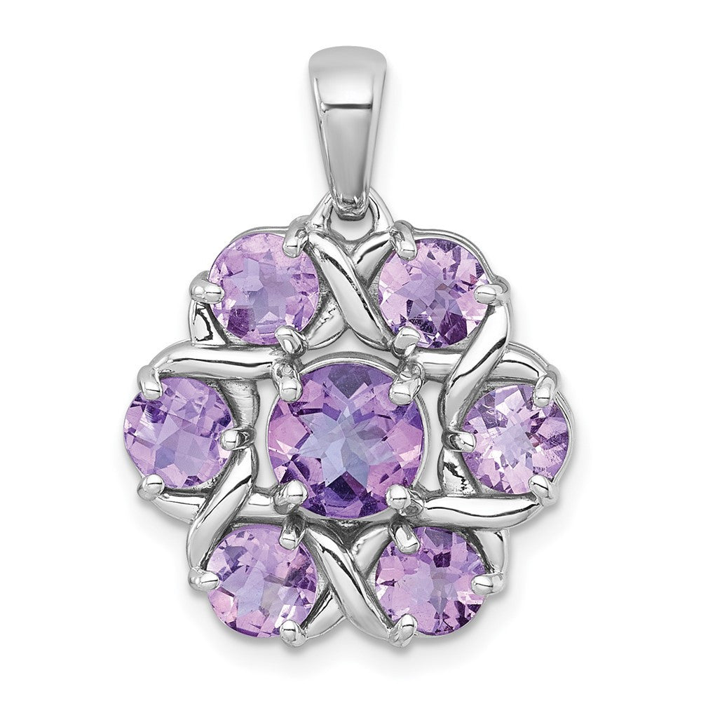 Sterling Silver Rhodium Polished Amethyst & Rose de France Quartz Flower Pendant
