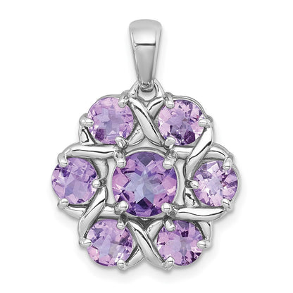 Sterling Silver Rhodium Polished Amethyst & Rose de France Quartz Flower Pendant