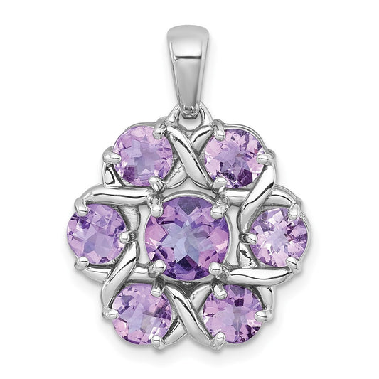 Sterling Silver Rhodium Polished Amethyst & Rose de France Quartz Flower Pendant