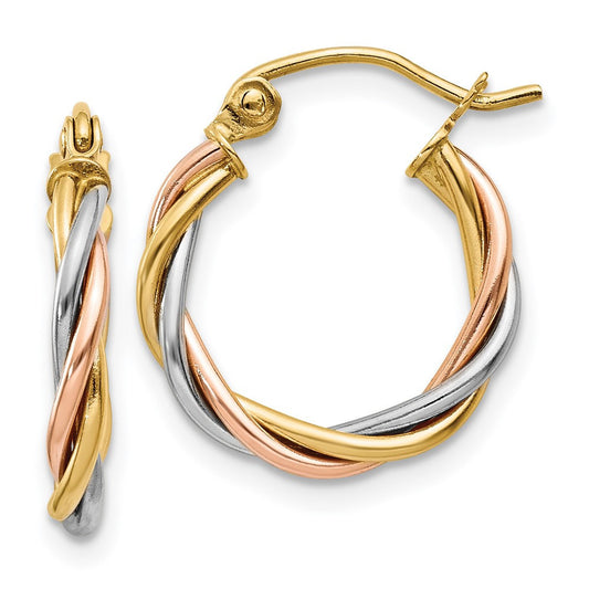 14k Tri-color Gold Polished 2.5mm Twisted Hoop Earrings