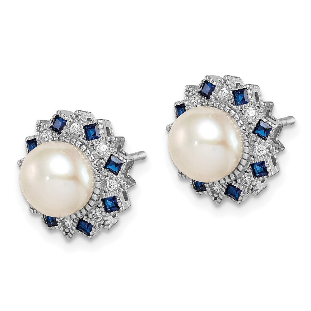 Sterling Silver RH-plated FWC Pearl/Syn. Blue Spinel/CZ Button Stud Earrings