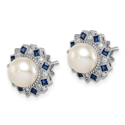 Sterling Silver RH-plated FWC Pearl/Syn. Blue Spinel/CZ Button Stud Earrings