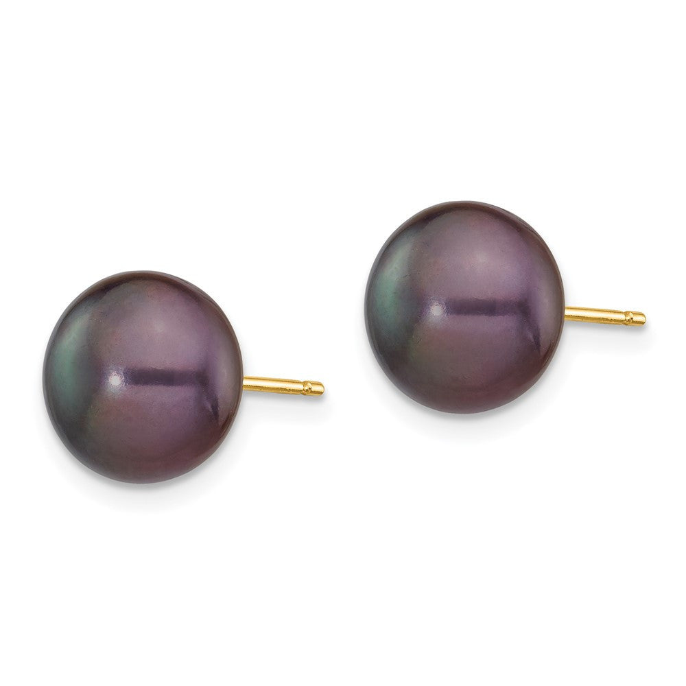 14k Yellow Gold 9-10mm Black Button Freshwater Cultured Pearl Stud Earrings