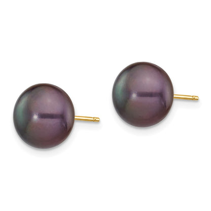 14k Yellow Gold 9-10mm Black Button Freshwater Cultured Pearl Stud Earrings