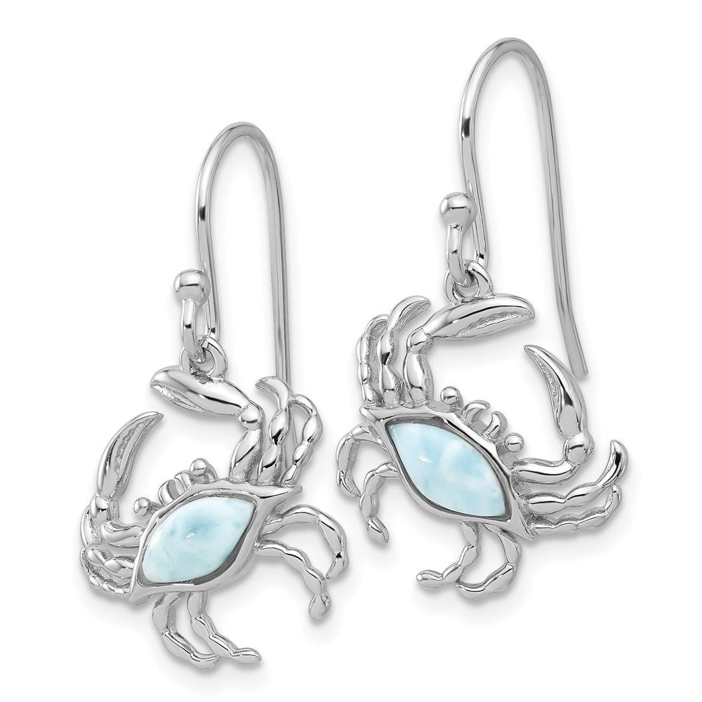 Sterling Silver Rhodium Polished Larimar Crab Shepherd Hook Dangle Earrings