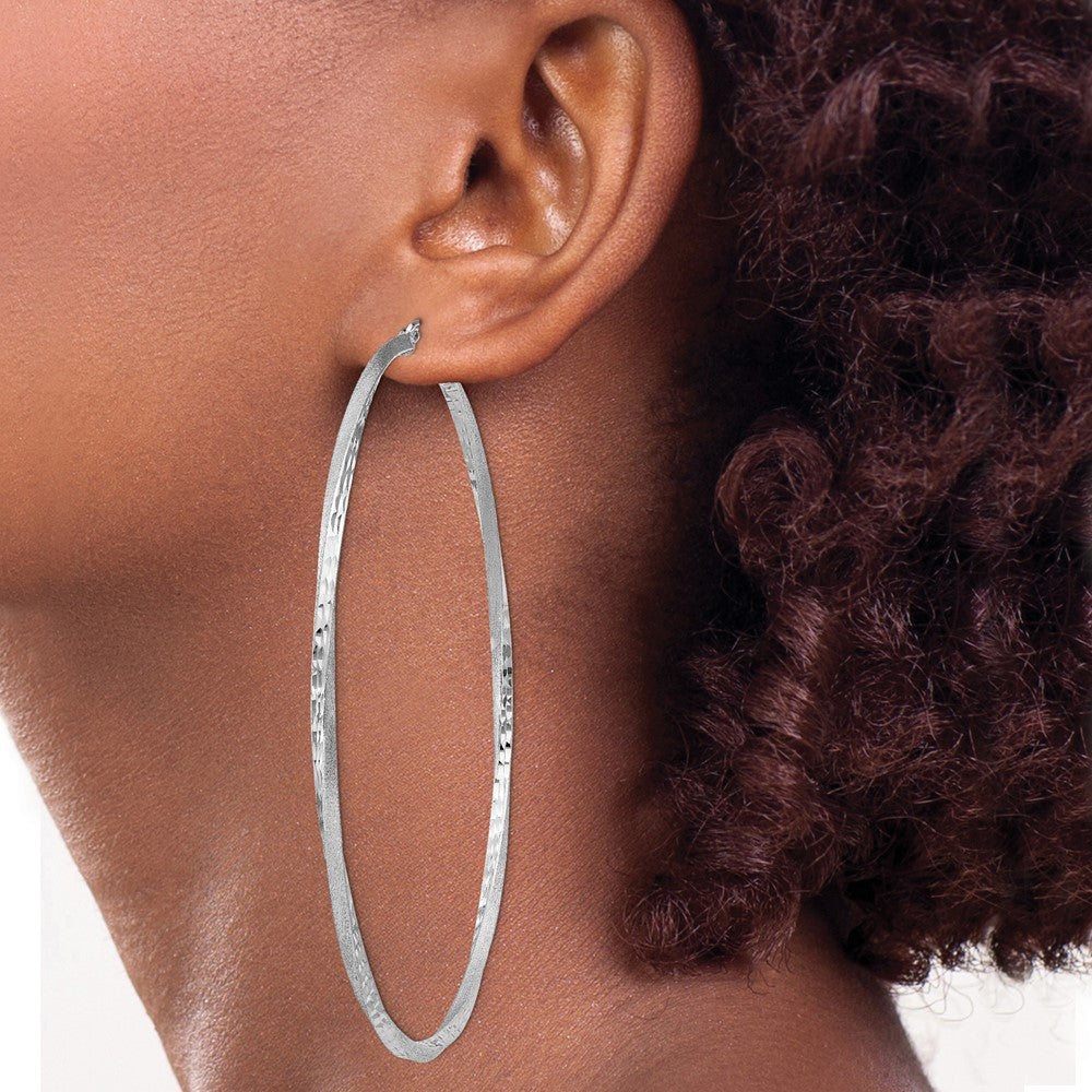 Sterling Silver RH-plated Satin Diamond-cut 2.5x80mm Twisted Hoop Earrings