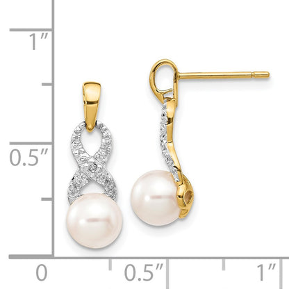 14k Yellow Gold 6-7mm White Round FWC Pearl .01 Diamond Dangle Earrings