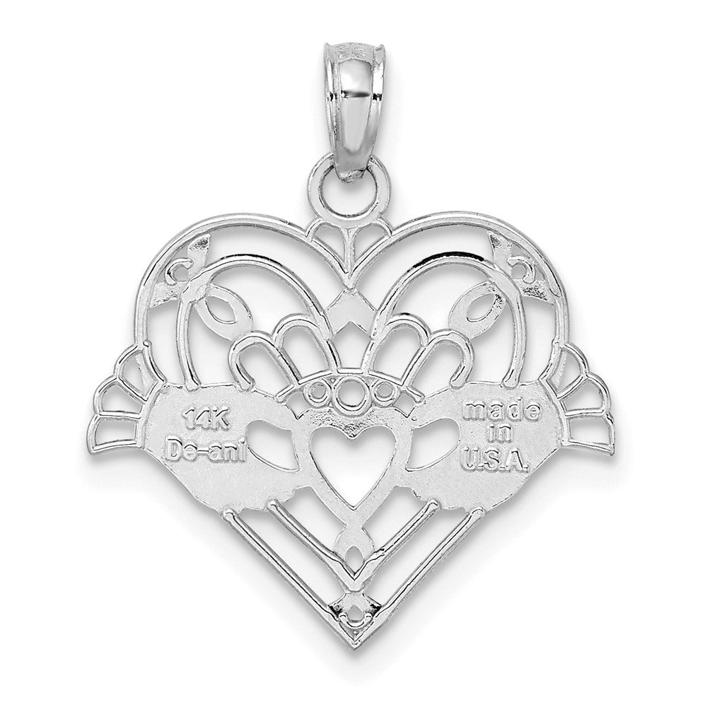 14k White Gold Polished and Beaded Claddagh In Heart Charm Pendant