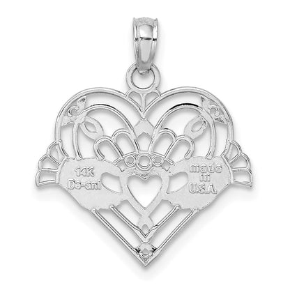 14k White Gold Polished and Beaded Claddagh In Heart Charm Pendant
