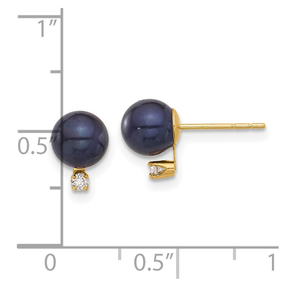 14k Yellow Gold 6-7mm Black Freshwater Cultured Pearl & Diamond Stud Earrings