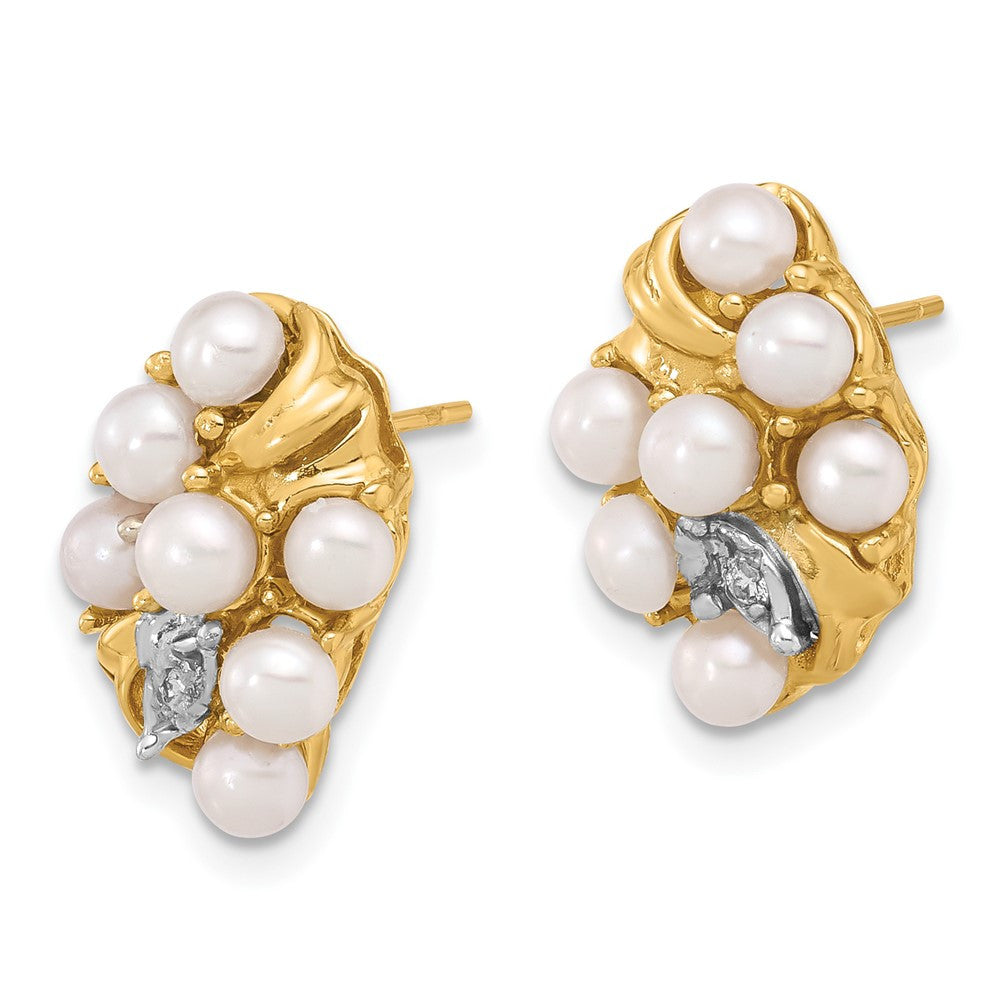 14k Yellow Gold 3-4mm Button Freshwater Cultured Pearl & Diamond Stud Earrings