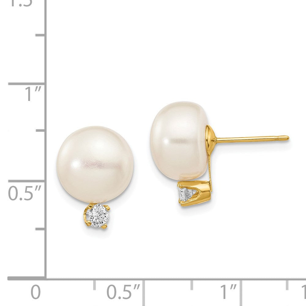 14k Yellow Gold 11mm Button Freshwater Cultured Pearl & Diamond Stud Earrings