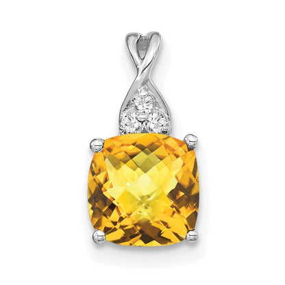 14k White Gold Checkerboard Citrine and Diamond Pendant
