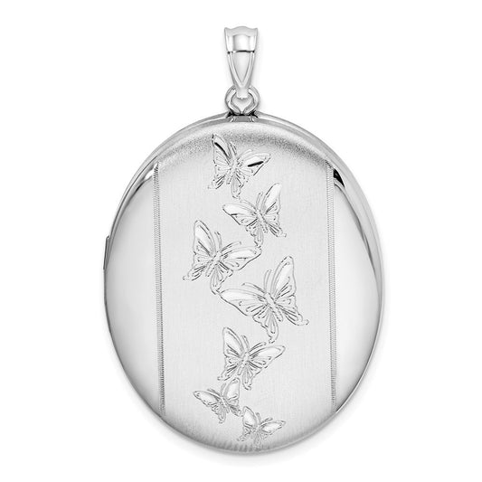 Sterling Silver Rhodium-plated Butterflies 34mm Oval Locket Pendant