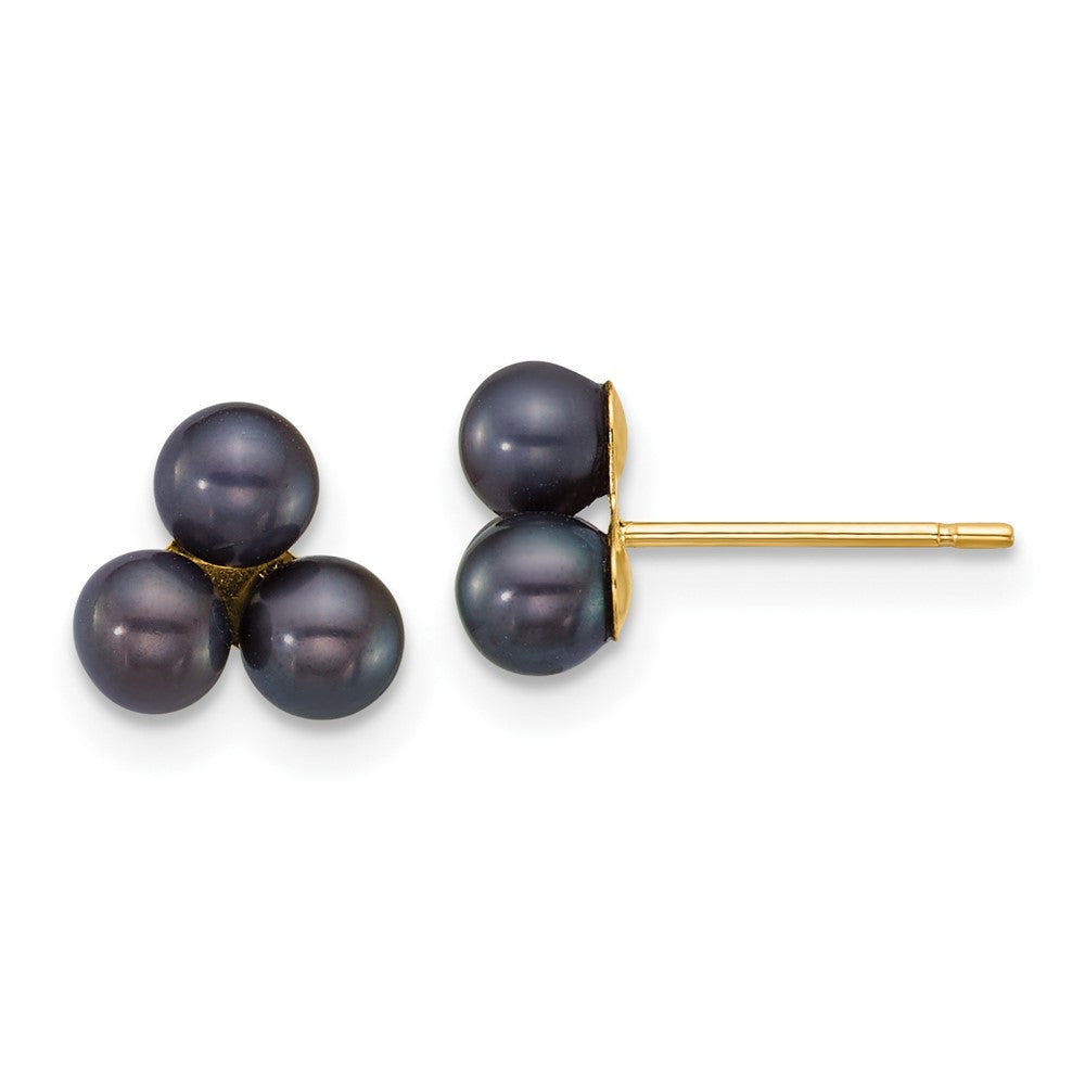 14k Yellow Gold 3-4mm Button Black Freshwater Cultured 3-Pearl Stud Earrings