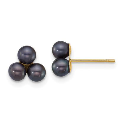 14k Yellow Gold 3-4mm Button Black Freshwater Cultured 3-Pearl Stud Earrings