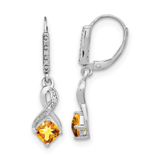 Sterling Silver Rhodium-plated Citrine and Diamond Dangle Earrings