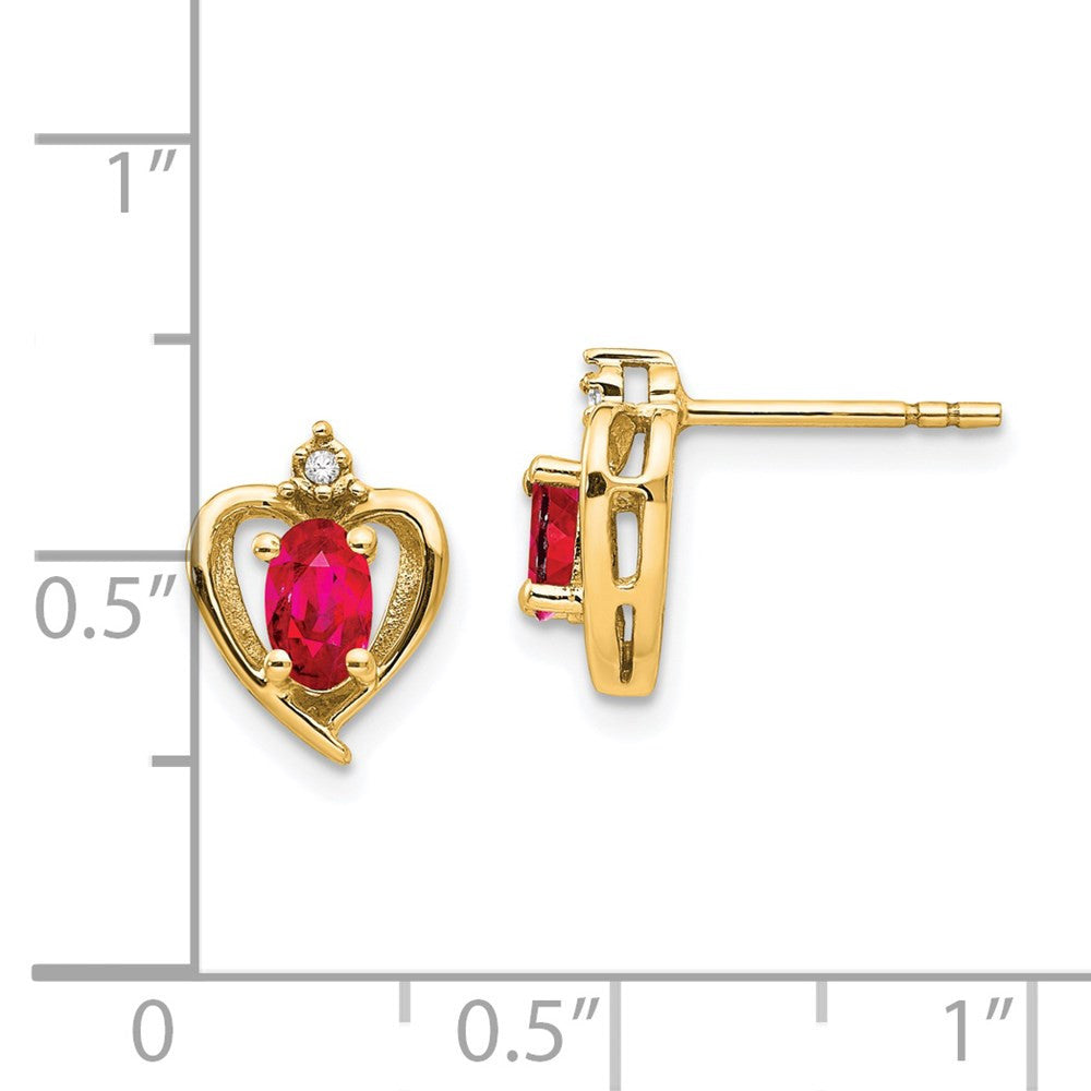 14k Yellow Gold Ruby and Diamond Heart Stud Earrings