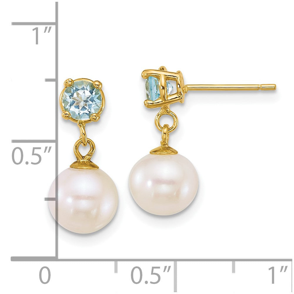 14k Yellow Gold 7-8mm Freshwater Cultured Pearl & Blue Topaz Dangle Earrings