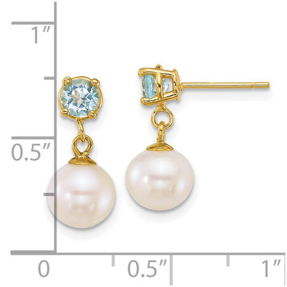 14k Yellow Gold 7-8mm Freshwater Cultured Pearl & Blue Topaz Dangle Earrings