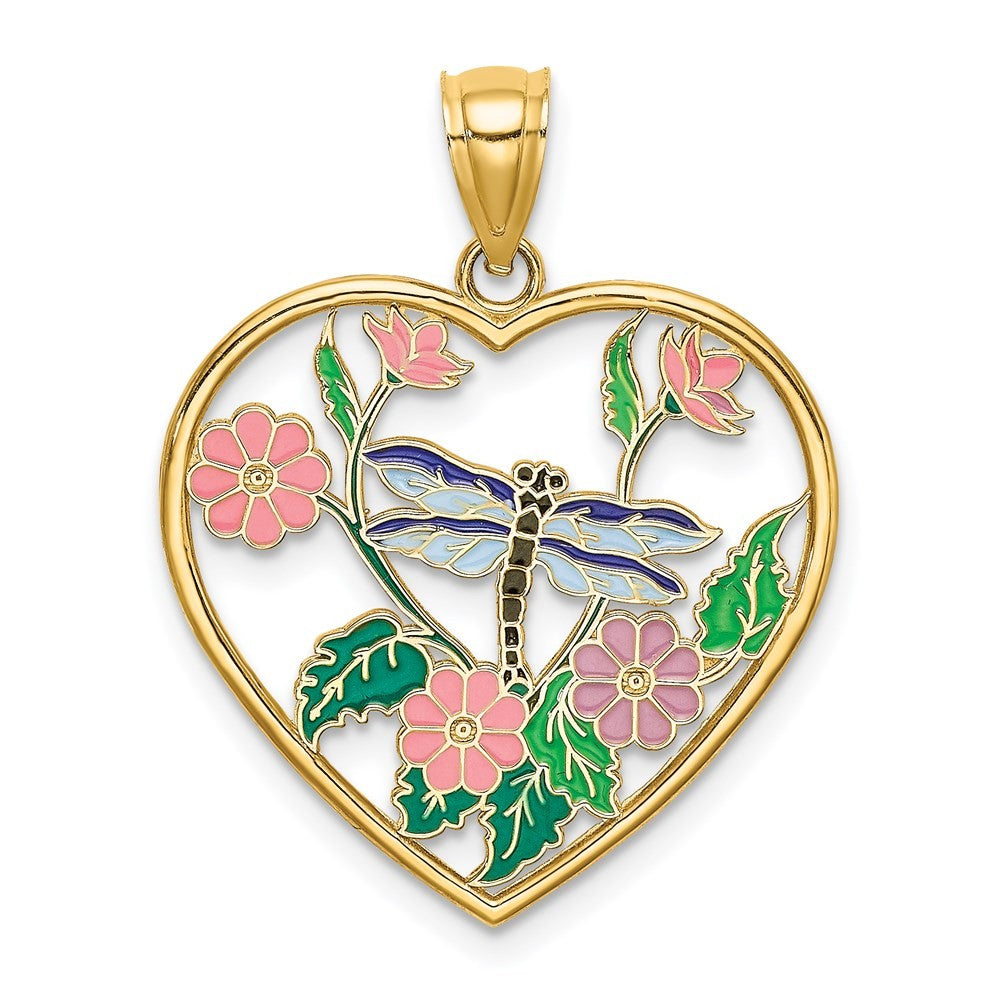 14k Yellow Gold Enamel Dragonfly and Flower in Heart Charm Pendant