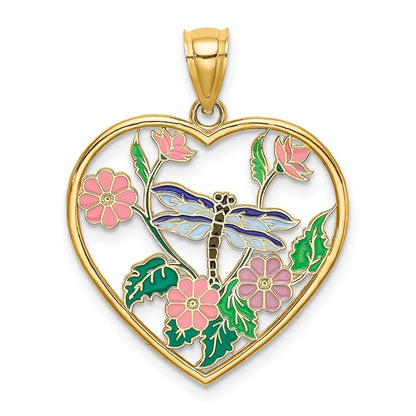 14k Yellow Gold Enamel Dragonfly and Flower in Heart Charm Pendant