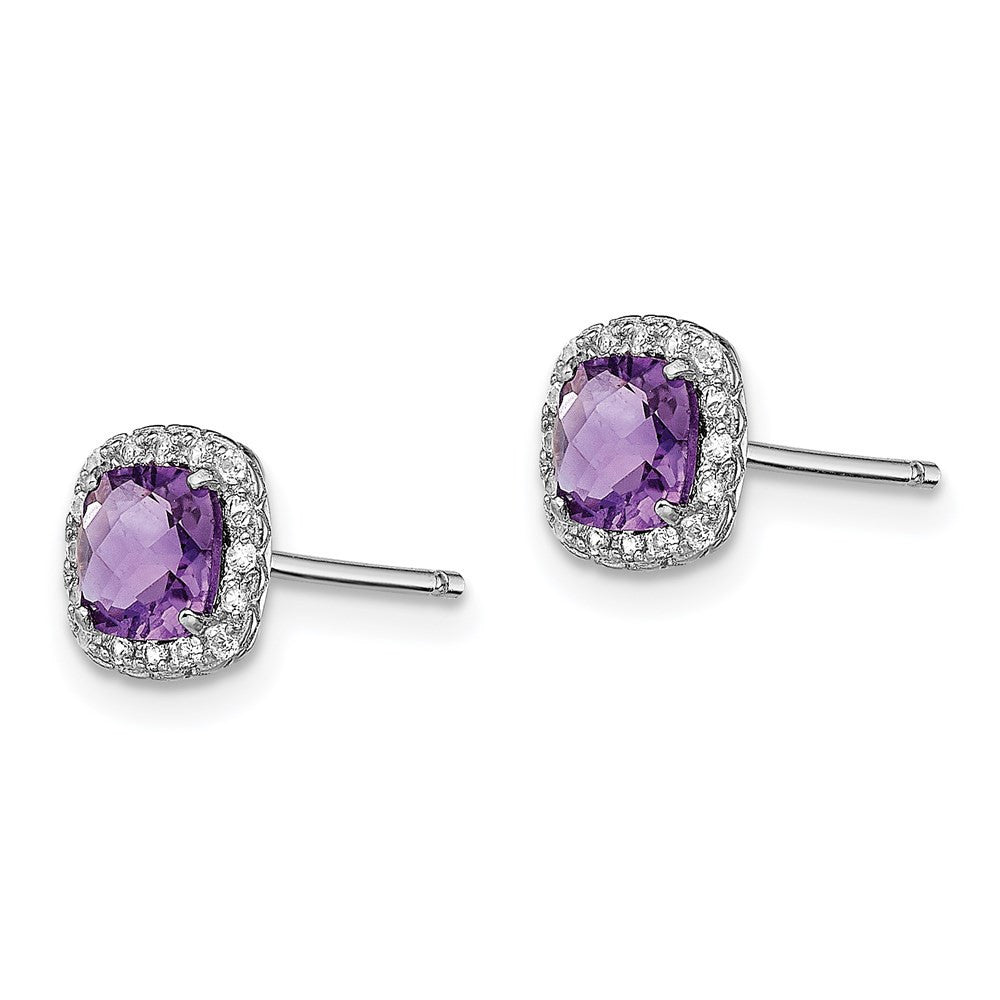 Sterling Silver Rhodium Plated Amethyst and Cr White Sapphire Stud Earrings