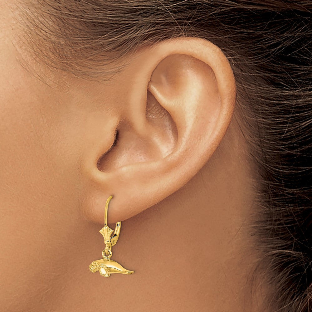 14k Yellow Gold 3-D Polished Mini Manatee Leverback Drop & Dangle Earrings