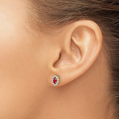 14k Yellow Gold Diamond and Ruby Oval Halo Stud Earrings