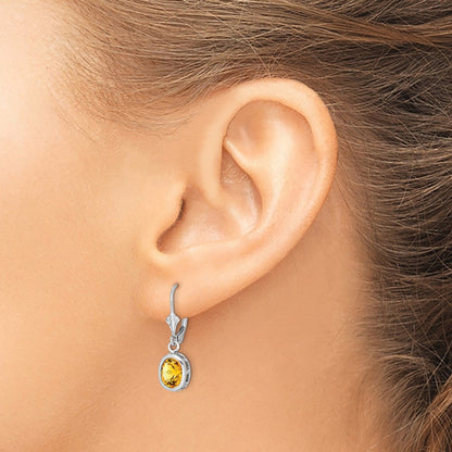 Sterling Silver Rhodium Plated 8x6mm Oval Citrine Leverback Dangle Earrings