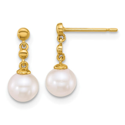 14k Yellow Gold Polished 6-7mm Round Freshwater Cultured Pearl Dangle Earrings