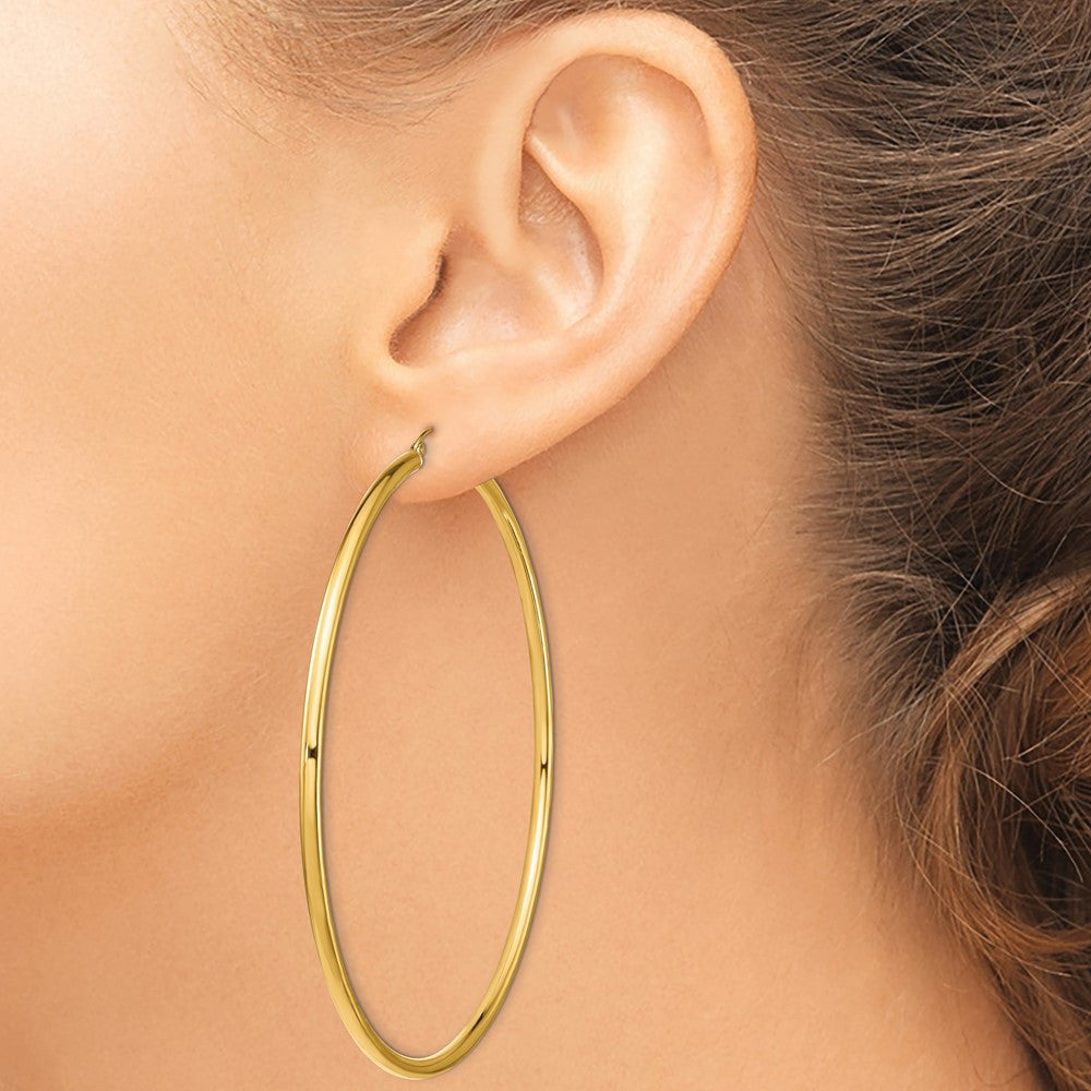 14k Yellow Gold Polished 3x90mm Lightweight Round Tube Hoop Earrings
