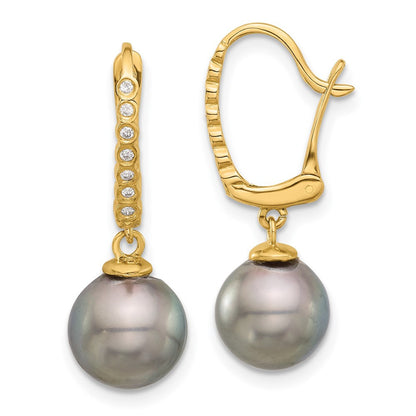 14k Yellow Gold Black Tahitian Saltwater Cultured Pearl Diamond Dangle Earrings
