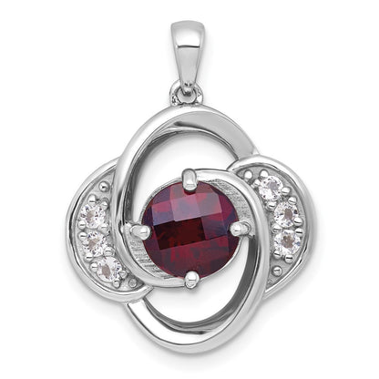 Sterling Silver Rhodium Polished Checker-cut Garnet and White Topaz Pendant