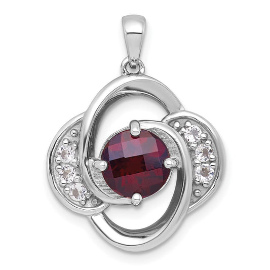 Sterling Silver Rhodium Polished Checker-cut Garnet and White Topaz Pendant