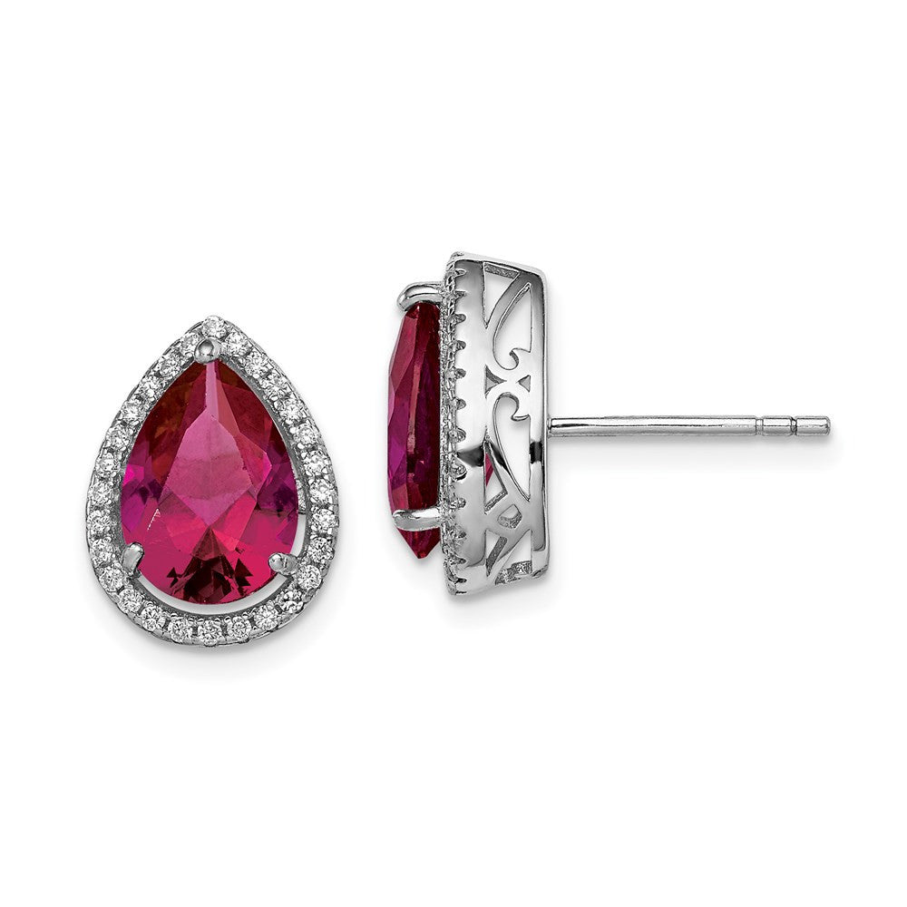 Sterling Silver Rhodium Polished Clear CZ and Lab Created Ruby  Stud Earrings