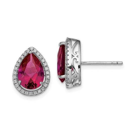 Sterling Silver Rhodium Polished Clear CZ and Lab Created Ruby  Stud Earrings